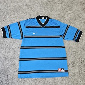 Vintage Retro 90s Nike Swoosh Blue Striped Soccer Jersey Made In USA Size Large - Picture 1 of 15