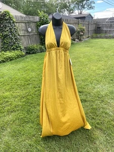 NWOT Show me your Mumu halter satin maxi dress gold yellow LARGE vacation formal - Picture 1 of 11