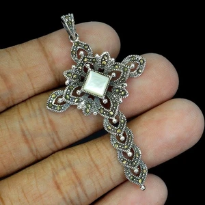 925 Sterling Silver Pendant Square Mop 6mm Marcasite Cross Gemstone Jewelry - Picture 1 of 13