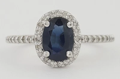 Oval Blue Sapphire & Diamond Halo 14k White Gold Engagement Ring 0.9 ct - Image 1 of 4