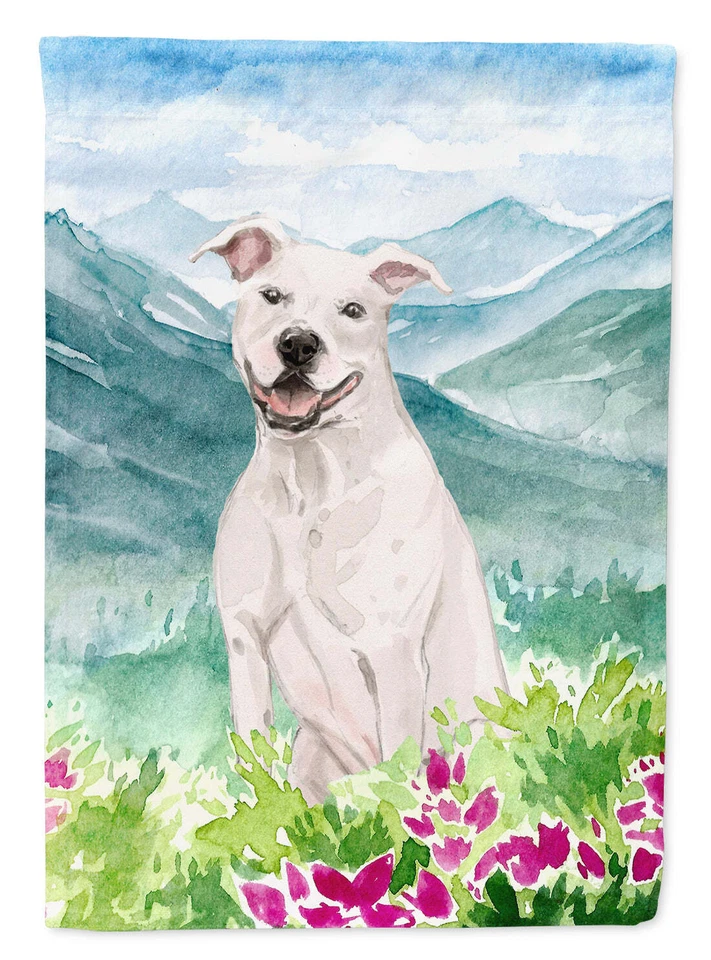 Casa de lona bandera Staffie Bull Terrier blanca flores de montaña 28x40 pulgadas Foto 1 de 2