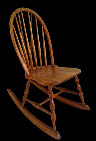 Vtg S BENT & BROS. Rocking Chair 8 Brace Back w Tail Support Windsor Maple Wood Cover