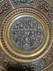 ANTIQUE INDIAN HINDU TRAY SILVER COPPER + BRASS DECORATION , NOT MIDDLE EASTERN - Picture 1 of 4