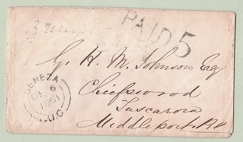 SIX NATIONS INDIGENOUS STAMPLESS COVER - from SENECA to TUSCARORA - Dec. 6, 1861 Cover