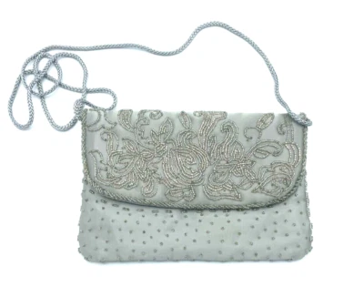 Evening Purse Grey satin with silver floral beaded design - Image 1 of 4