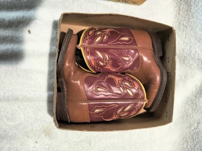 复古 20 世纪 50 年代 Acme 婴儿儿童皮革镶嵌西部牛仔靴盒完好 — 第 1/4 张图片