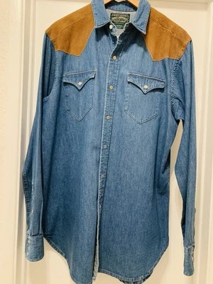 Vtg Ralph Lauren Polo Country Suede Leather Denim Western Rodeo Shirt RRL - Image 1 of 4