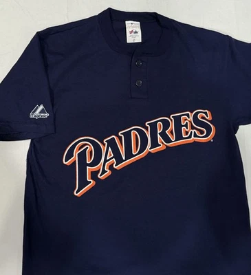 Camiseta Henley Vintage Años 90 Retro Majestuosa Padres de San Diego Hecha en EE. UU. Azul Marino Pequeña Foto 1 de 4