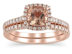 10K Gold 3/8 Ct Cushion Cut Morganite & Diamond Bridal Set Rings I2 clarity, H-I - Picture 1 of 3