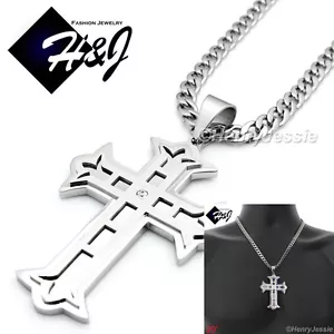 20"MEN Stainless Steel 6mm Silver Cuban Curb Necklace Icy CZ Cross Pendant*L5 - Picture 1 of 9