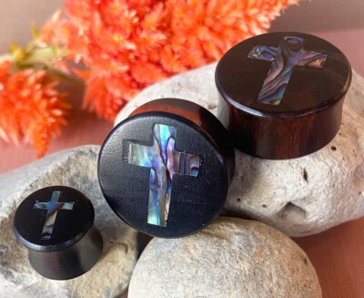 PAIR Abalone Shell Cross Inlay Black Wood Saddle Tunnels Plugs Gauges Earlets - Image 1 of 4