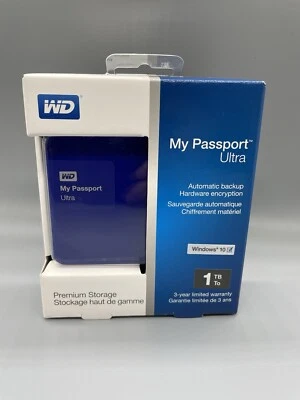 WD MY PASSPORT ULTRA PREMIUM STORAGE Blue 1 TB Model WDBGPU0010BBL-NESN Win 10 - Image 1 of 4