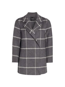 Theory Clairene Women's Gray Check Wool Blend Long Sleeve Open Front Coat Size M - Picture 1 of 6