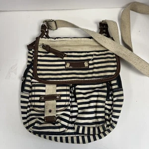 Joe Boxer Cream And Navy Stripe Nautical Crossbody Purse Multi Pocket Adjustable - Picture 1 of 4