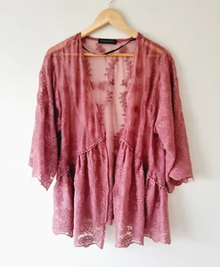 FOREVER NEW Pink Embroidered Kimono Style Duster Top ONE SIZE Boho Festival - Foto 1 di 6