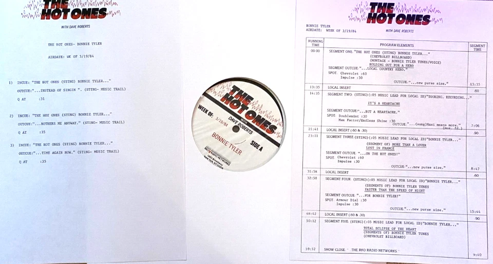 3/19/84 DAVE ROBERTS HOT ONES BONNIE TYLER IN STUDIO, PRODUCERS STOCK, MINT - Image 1 of 1