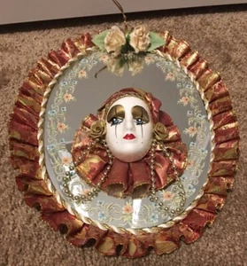 Vintage Wall Porcelain Bisque Harlequin Mardi Gras Gypsy Clown Mask On A Mirror - Picture 1 of 5