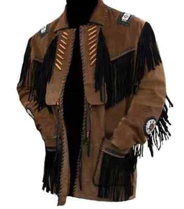 Giacca uomo western cowboy scamosciata frange perline nativi americani pelle jacket - Foto 1 di 3