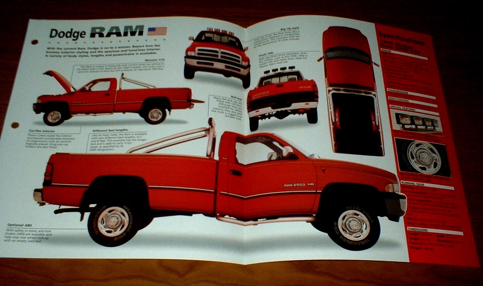 1995 DODGE RAM SPEC ЛИСТ БРОШЮРА ФОТО ПЛАКАТ ПЕЧАТИ 95 94 96 2500 V10 1500 - Изображение 1 из 1