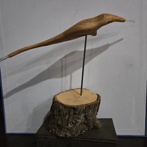 Wood sculpture, carved by nature. Tree (root) on a natural wood base. A bird ? - Picture 1 of 8