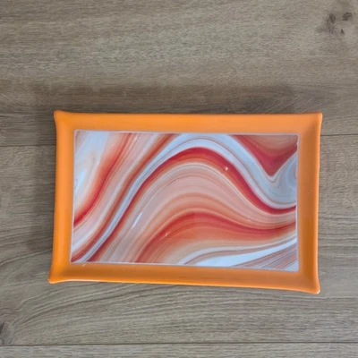 70s Handblown Orange Swirl Rectangular Trinket Dish Jewelry Tray Catch All Dish - Image 1 of 2