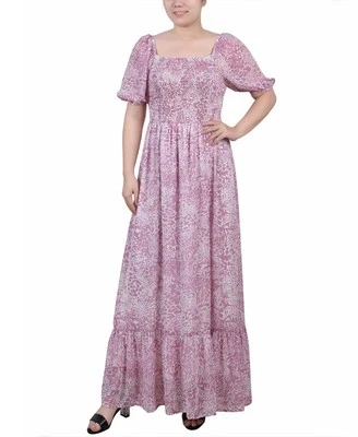 NY Collection Women's Short Sleeve Smocked Maxi Dress (Lilac Animal, Petite XL) - Image 1 of 3