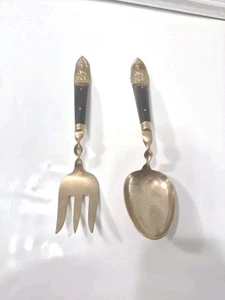 Vintage 9 In Thailand Brass And Teak Wood Salad Fork And Spoon Set - Picture 1 of 10
