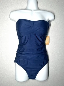 NWT Kona Sol Women's Twist-Front Bandeau Classic One Piece Swimsuit Navy Size S - Picture 1 of 10