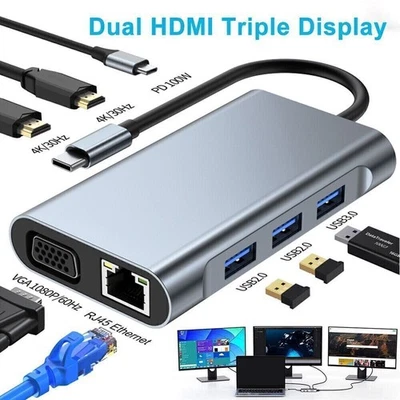 NEW USB-C Docking Station 8-in-1 Triple Display Hub with HDMI DP USB VGA UK - Image 1 of 4