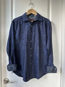Robert Graham Shirt Mens Medium Blue Floral Jacquard Button Down Contrast Cuffs - Picture 1 of 6