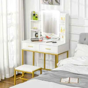 LED Dressing Table with Mirror Drawers and Stool White Makeup Vanity Desk Set - Picture 1 of 12