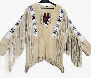 Men Native American Western Style Warrior Scalp Suede Leather Shirt Beaded - Picture 1 of 4