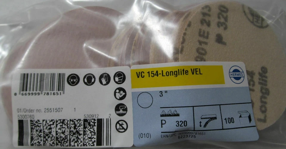 100-PACK HERMES VC 154-LONGLIFE VEL 320 GRIT 3" HOOK AND LOOP SANDING DISCS P320 - Image 1 of 1