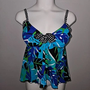 24 & Ocean Tankini Swim Top Size Medium Blue Green Black Print Polka Dot Bra - Picture 1 of 10