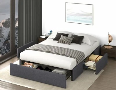Sifurni Queen Platform Bed Frame with 3 Storage Drawers, Upholstered, Dark Grey