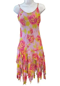 Vintage Y2K Betsey Johnson Purple Pink Floral Handkerchief Hem Silk Dress Size 6 - Picture 1 of 6