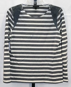 J Crew Gray & Whte Striped Top with Leather Shoulders Size M COLOR BLEEDING - Picture 1 of 7