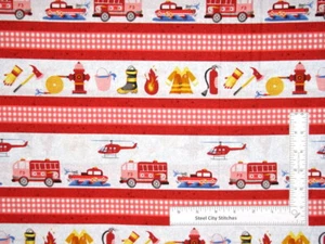 Firetruck Fire Hydrant Stripe Fabric Everyday Heroes Cotton Blank Textiles Yard - Picture 1 of 2
