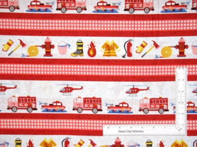 Firetruck Fire Hydrant Stripe Fabric Everyday Heroes Cotton Blank Textiles Yard - Image 1 of 2