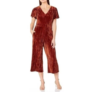 TAHARI ASL Short Sleeve Crushed Velvet Wide Leg Jumpsuit in Rust Size 6 New NWT - Picture 1 of 11