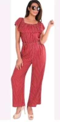 Mono Jersey Mameluco Pierna Ancha Rayas Hombro Descubierto Naranja Blanco Boho L Playa Foto 1 de 4