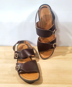 Vtg Corsina Sandals Sz 9 Leather Upper Brown Slingback Mule Flats Peep Toe Strap - Picture 1 of 11