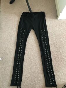 Gothic Punk Heartless Black Lace-up Leggings with Mesh Panel fits UK 12 maybe 14