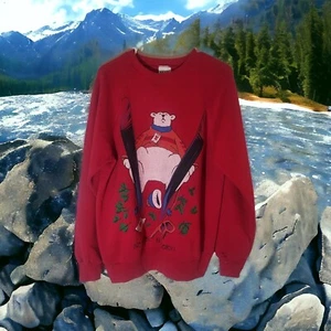 Vintage Basset Walker Sweathirt Size L Bear Skiing Red Made In USA - Picture 1 of 4