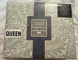 WILLIAM MORRIS England QUEEN Cotton Percale Sheet Set Larkspur White & Sage NEW - Picture 1 of 5