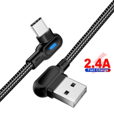 LED Type C 90 Degree USB C Fast Charging Data Sync Cable For Samsung S9 HUAWEI - Image 1 of 4