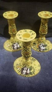 3 RARE MADE FRANCE ART POTTERY Floral Yellow CANDLESTICKS - Picture 1 of 7