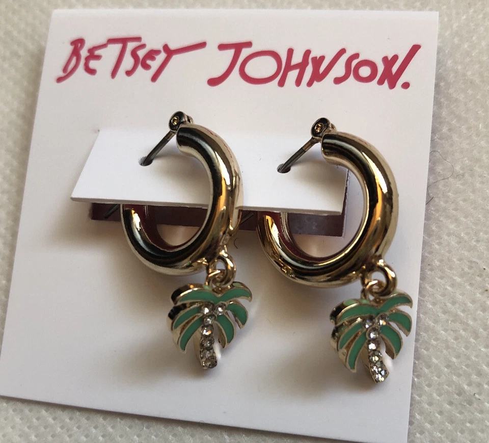 Betsey Johnson Gold-tone Palm Tree Charm Huggie Hoop Earrings With Rhinestones