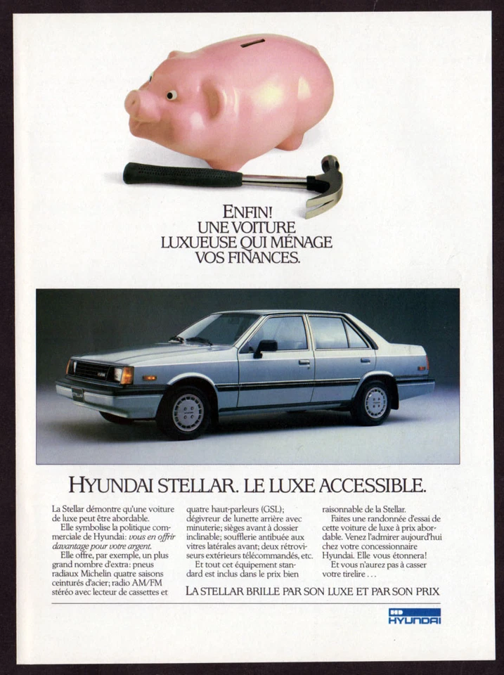 HYUNDAI Stellar 1986 vintage impresión original AD gris foto de coche cerdo canadiense francés Foto 1 de 1