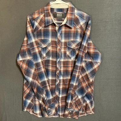 Camisa BKE Para Hombres L Manga Larga Franela Abotonada Rojo Azul Cuadros Ajuste Atlético Foto 1 de 4